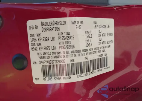 2007 Chrysler Pt Cruiser z USA, uszkodzony, nr VIN 3A4FY48B37T628335